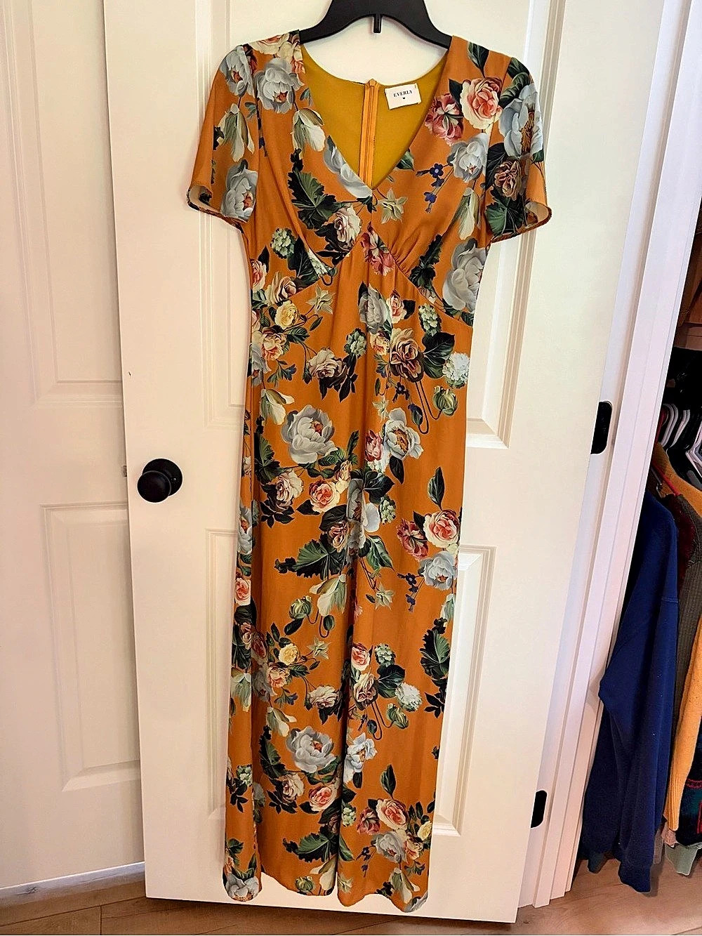 Everly Mustard Orange Floral Maxi Dress V Neck Short Sleeve Boho